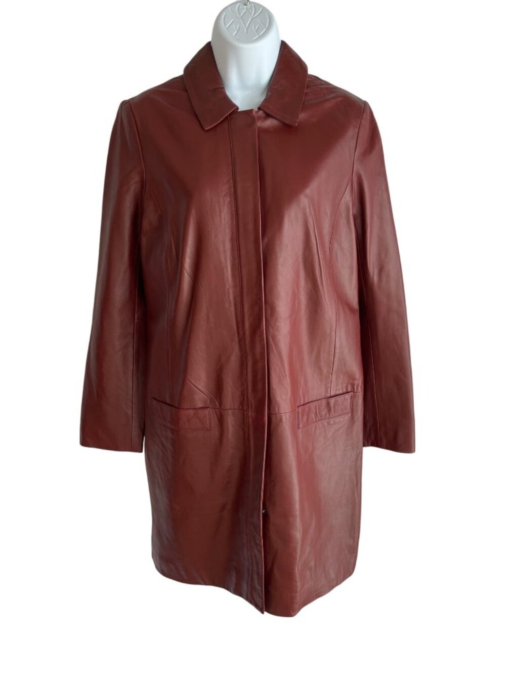 Vintage Halogen Womens Leather Coat Small S Burgundy Button-Up Jacket DH2 - Picture 1 of 7